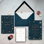 Gold Stars Moon Navy Celestial All in One Wedding Invitation<br><div class="desc">Navy Mystical Gold Stars Moon Astronomy Wedding Invitation</div>