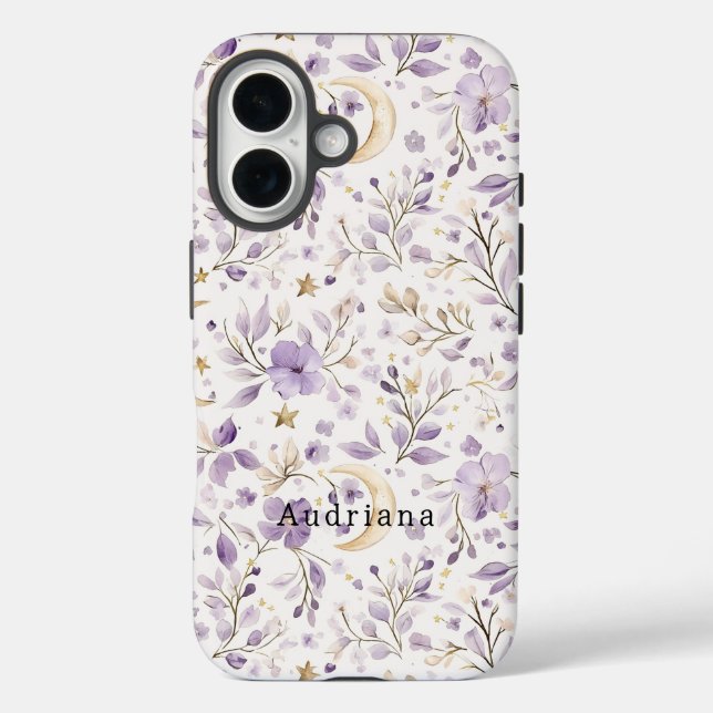 Gold Stars Moon Purple Flowers Case-Mate iPhone Case (Back)