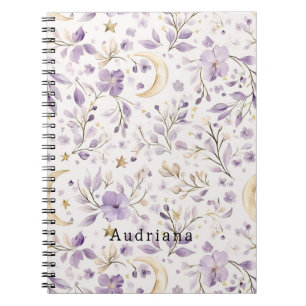 Gold Stars Moon Purple Flowers Notebook