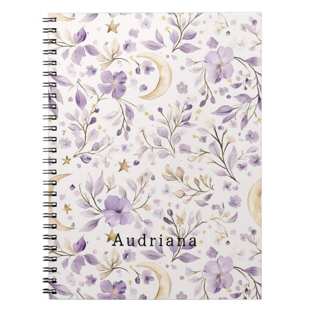 Gold Stars Moon Purple Flowers Notebook (Front)