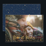 Gold stars navy blue Christmas 1 photo modern Holiday Card<br><div class="desc">Gold Season's greetings stars 1 photo holiday card. With a script text and gold effect design,  navy blue back ground color can be change to suit your style.</div>
