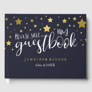 Gold Stars & Navy Blue Graduation Guest Book