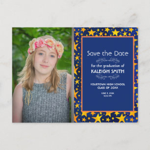 Gold Stars Navy Blue Photo Graduation Save Date Postcard