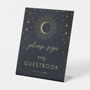 Gold Stars Night Celestial Sunburst Guestbook Sign