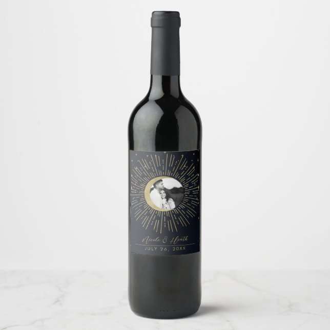 Gold Stars Night Celestial Sunburst Moon Photo Wine Label (Front)