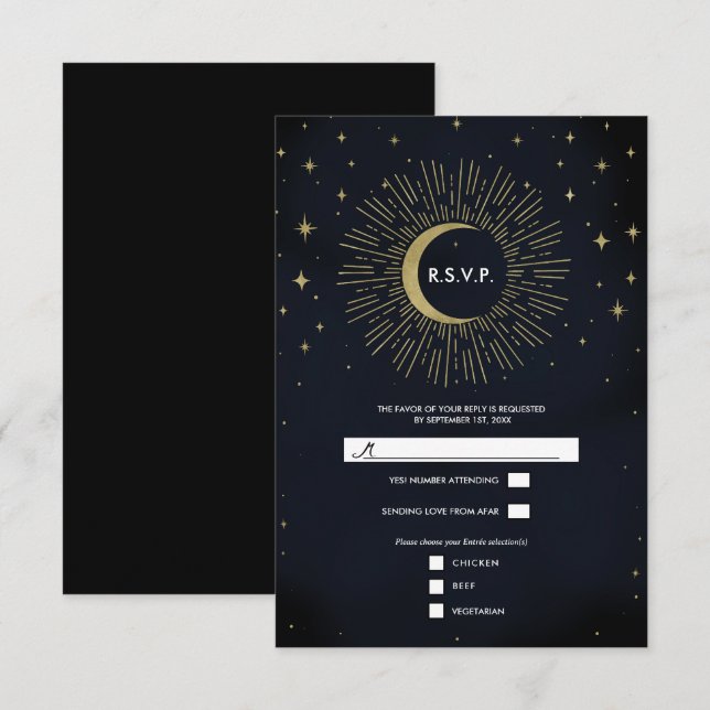 Gold Stars Night Celestial Sunburst Moon RSVP Card (Front/Back)