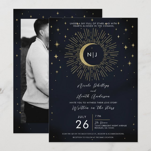 Gold Stars Night Celestial Sunburst Moon Wedding Invitation (Front/Back)