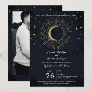 Gold Stars Night Celestial Sunburst Moon Wedding Invitation