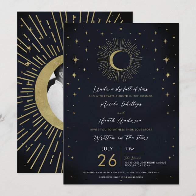 Gold Stars Night Celestial Sunburst Moon Wedding Invitation (Front/Back)