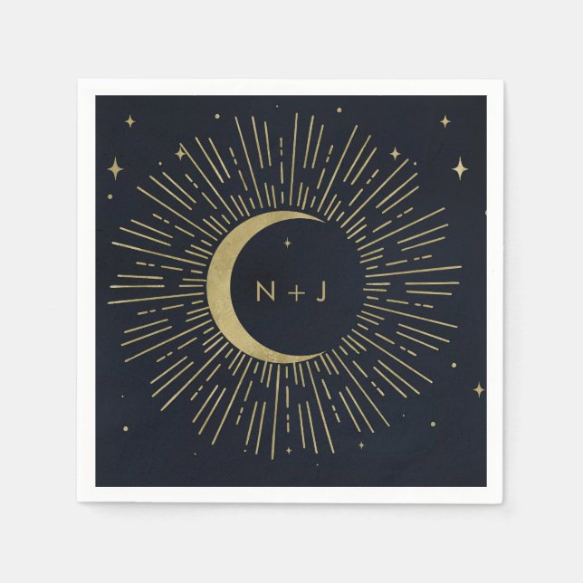 Gold Stars Night Celestial Sunburst Moon Wedding Napkin (Front)