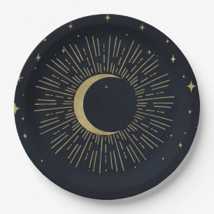 Gold Stars Night Celestial Sunburst Moon Wedding Paper Plate