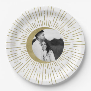 Gold Stars Night Celestial Sunburst Moon Wedding Paper Plate