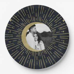 Gold Stars Night Celestial Sunburst Moon Wedding Paper Plate