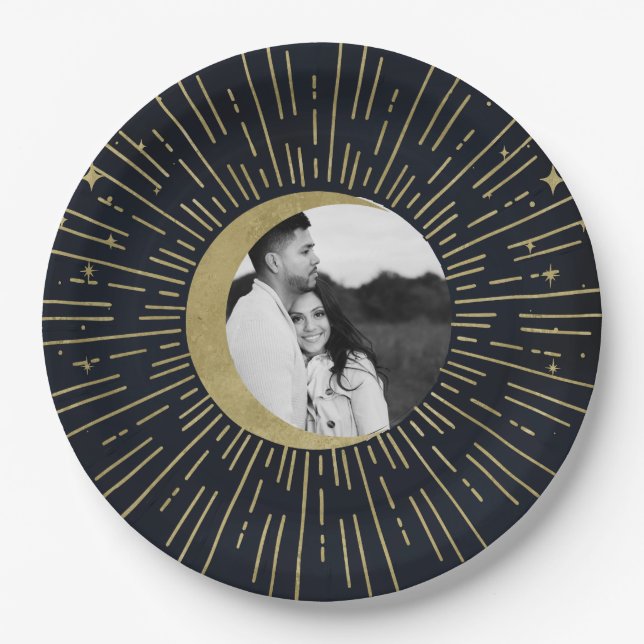 Gold Stars Night Celestial Sunburst Moon Wedding Paper Plate (Front)