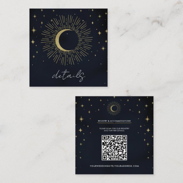 Gold Stars Night Celestial Sunburst Moon Wedding Square Business Card (Front/Back)