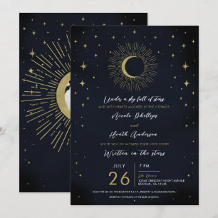 Gold Stars Night Celestial Sunburst Photo Wedding Invitation