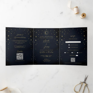 Gold Stars Night Celestial Sunburst Photo Wedding Tri-Fold Invitation
