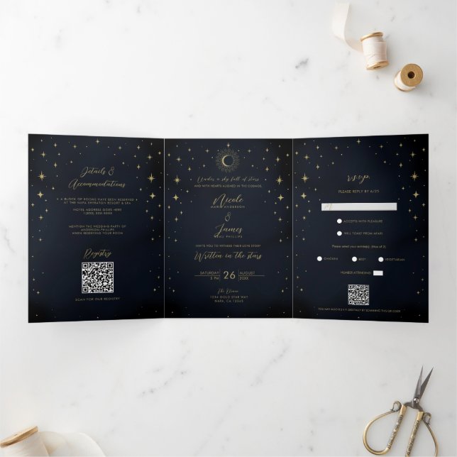 Gold Stars Night Celestial Sunburst Photo Wedding Tri-Fold Invitation (Inside)