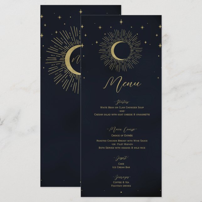 Gold Stars Night Sunburst Moon Wedding Menu (Front/Back)