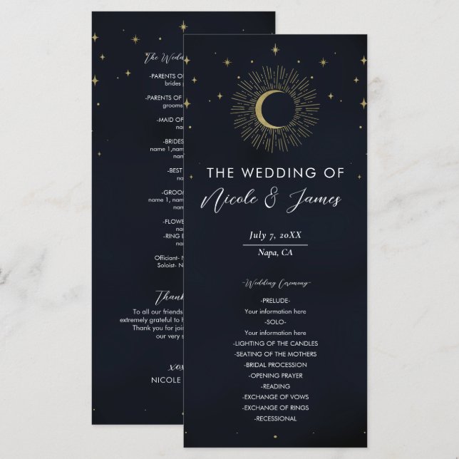 Gold Stars Night Sunburst Moon Wedding Program Menu (Front/Back)