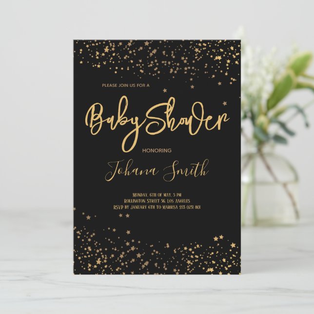 Gold Stars on black Baby Shower Invitation (Standing Front)