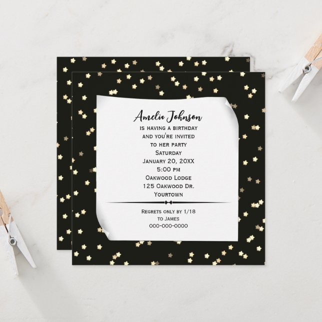 Gold Stars On Black Birthday Invite (Front/Back In Situ)