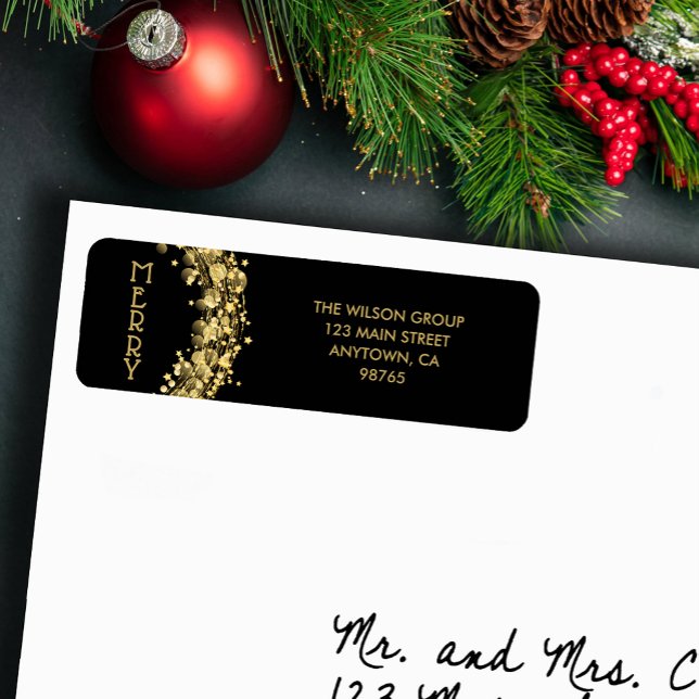 Gold Stars on Black Christmas Return Address (Gold twinkling stars on black small Christmas return address labels)