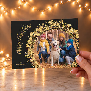 Gold Stars on Black Merry Christmas Holiday Card