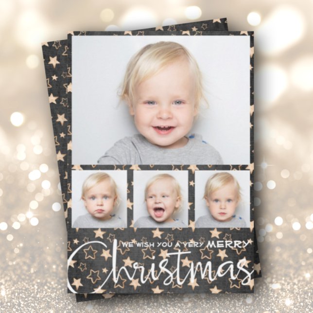 Gold Stars on Black Multiple Photo Christmas Holiday Card (Creator Uploaded)