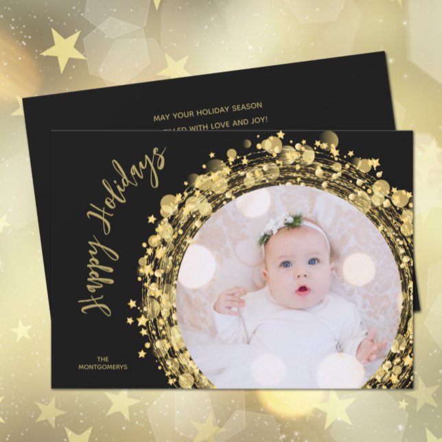 Gold Stars on Black Photo Happy Holiday Card (Creator Uploaded)