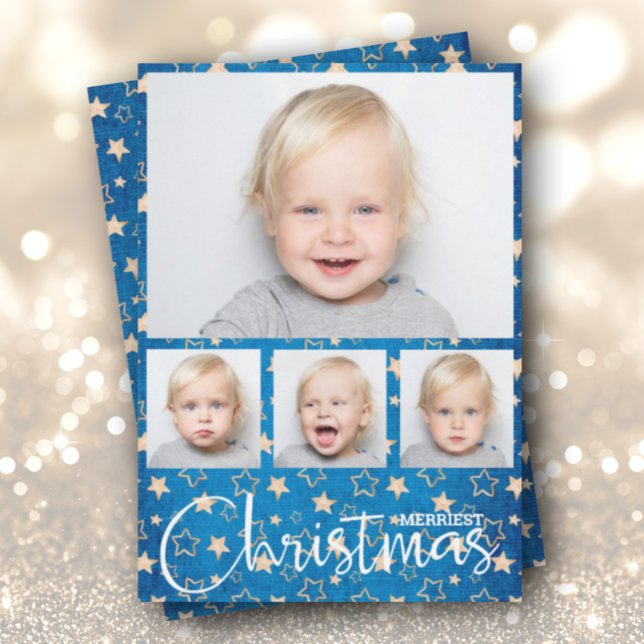 Gold Stars on Blue Multiple Photo Christmas Holiday Card (Creator Uploaded)
