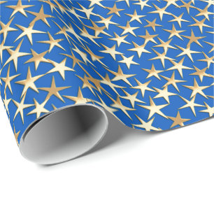 Gold stars on cobalt blue wrapping paper