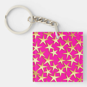 Gold stars on fuchsia pink key ring