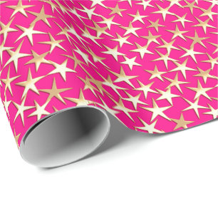 Gold stars on fuchsia pink wrapping paper