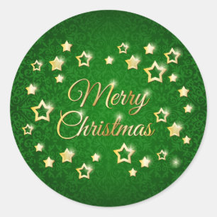 Gold stars on green damask Merry Christmas Classic Round Sticker