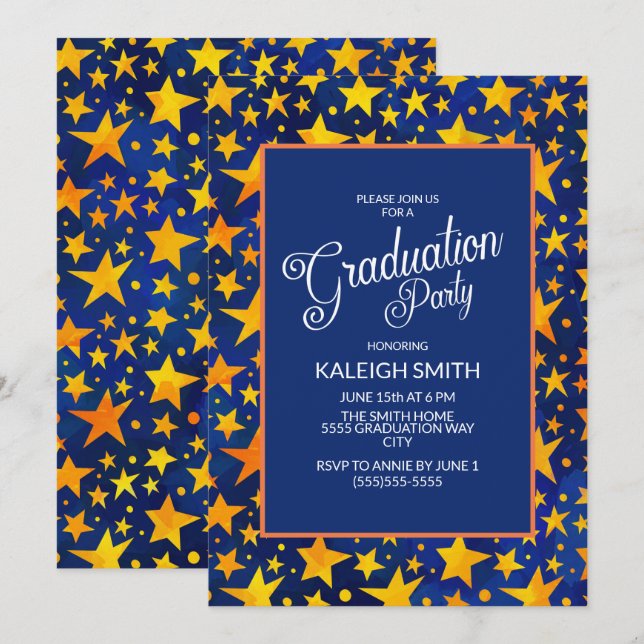 Gold Stars on Navy Blue Graduation Party Invitation (Front/Back)