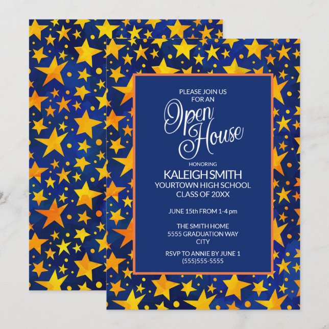 Gold Stars on Navy Blue Open House Grad Party Invitation (Front/Back)