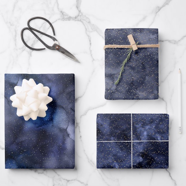 Gold Stars on Navy Night Sky  Wrapping Paper Sheet (Front)