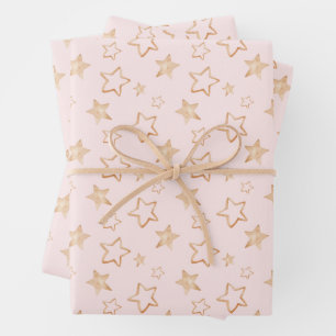 Gold Stars on Pink Wrapping Paper Sheet