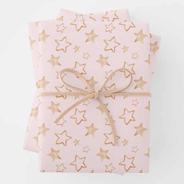 Gold Stars on Pink Wrapping Paper Sheet (In situ)