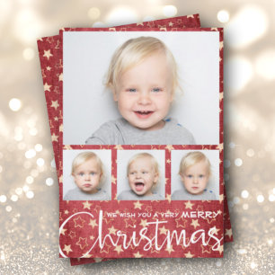Gold Stars on Red Multiple Photo Christmas Holiday Card