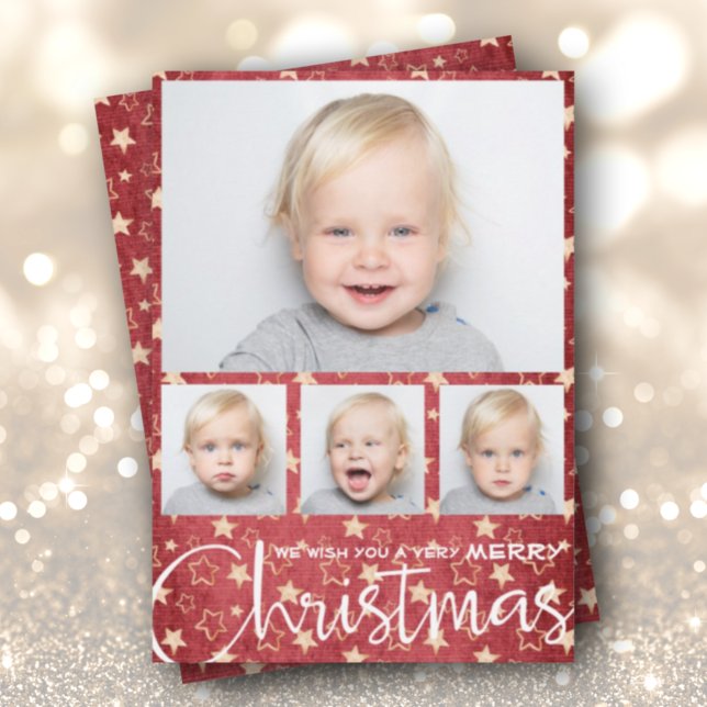 Gold Stars on Red Multiple Photo Christmas Holiday Card (Creator Uploaded)