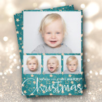 Gold Stars on Turquoise Multiple Photo Christmas