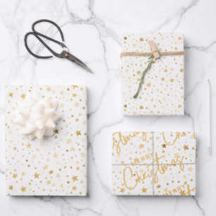 Gold Stars Pattern Merry Christmas Wrapping Paper Sheet
