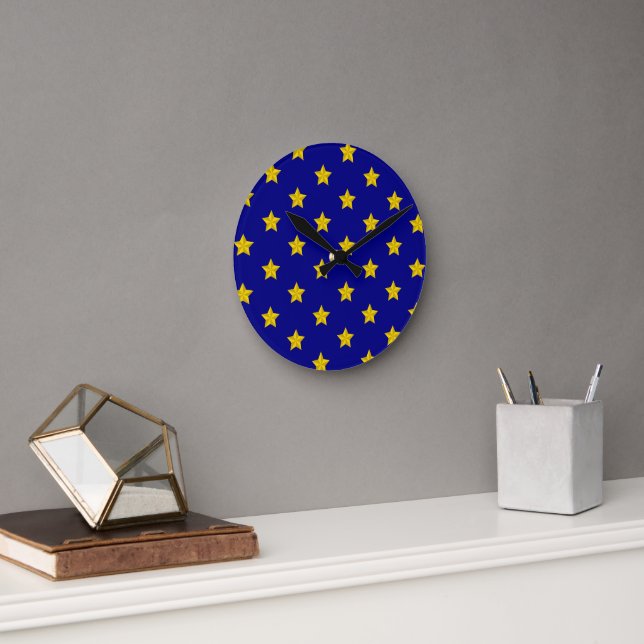 Gold Stars Pattern, Navy Blue, Exclusive Round Clock (Office)