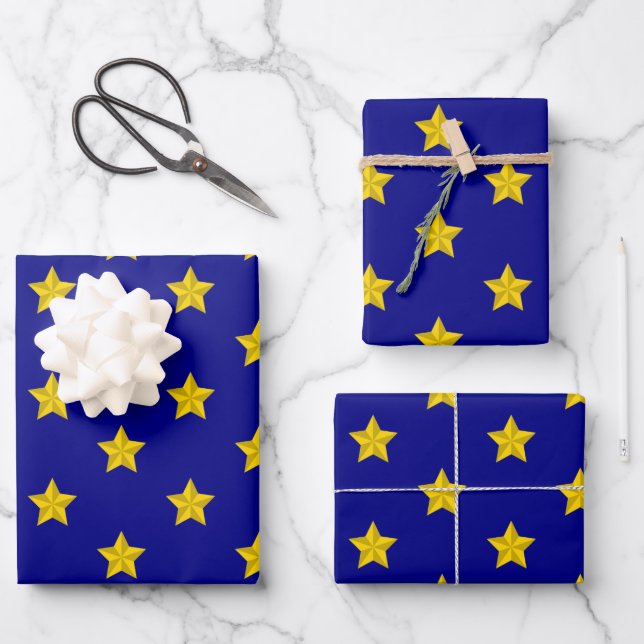 Gold Stars Pattern, Navy Blue, Exclusive Wrapping Paper Sheet (Front)