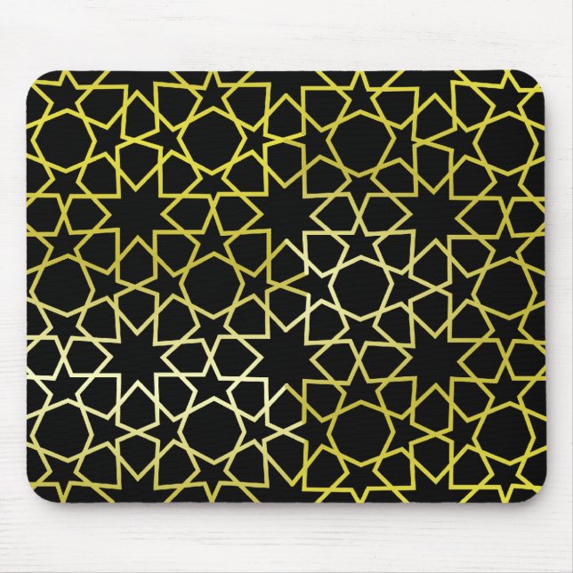 Gold Stars Pattern on Black Mouse Mat (Front)