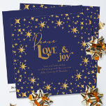 Gold Stars Peace Love and Joy Simple Elegant Blue Holiday Card<br><div class="desc">Modern and elegant persoanlized holiday card,  decorated with gold stars and lettered in script calligraphy and festive typography. Simple minimal typography design framed with an abundance of golden stars. The template is ready for you to personalise the greeting and add your name(s).</div>