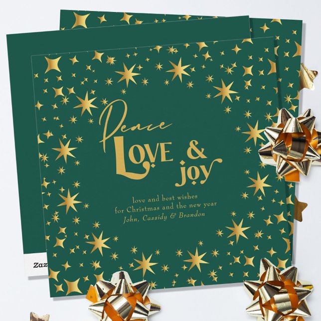 Gold Stars Peace Love and Joy Simple Elegant Green Holiday Card (Creator Uploaded)
