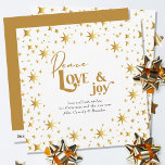 Gold Stars Peace Love and Joy Simple Elegant Holiday Card<br><div class="desc">Modern and elegant persoanlized holiday card,  decorated with gold stars and lettered in script calligraphy and festive typography. Simple minimal typography design framed with an abundance of golden stars. The template is ready for you to personalise the greeting and add your name(s).</div>